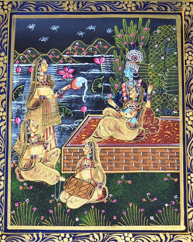 Radha Krishna Miniature Original Painting on Silk Cloth India Natural Colors! gallery