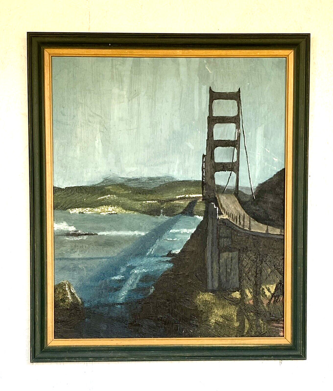 Framed Original Vtg Suspension Bridge Oil Painting, Unsigned 27″ by 23″