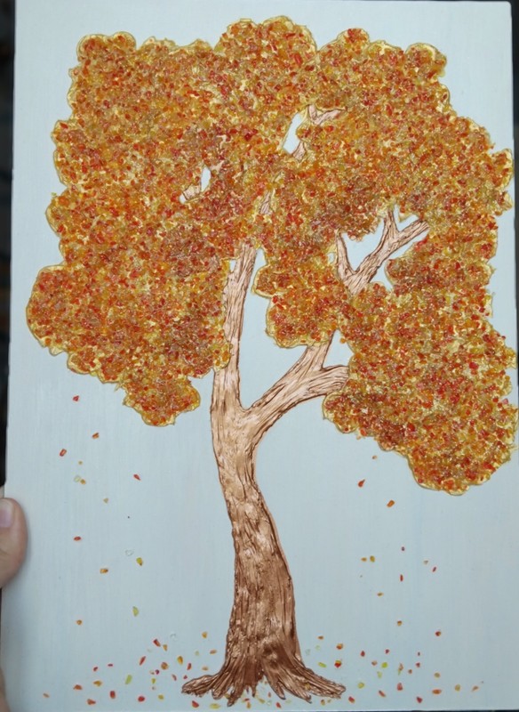 Autumn, maple, textured gold painting, jewelry technique, 10×14′ ( 25×35 см)