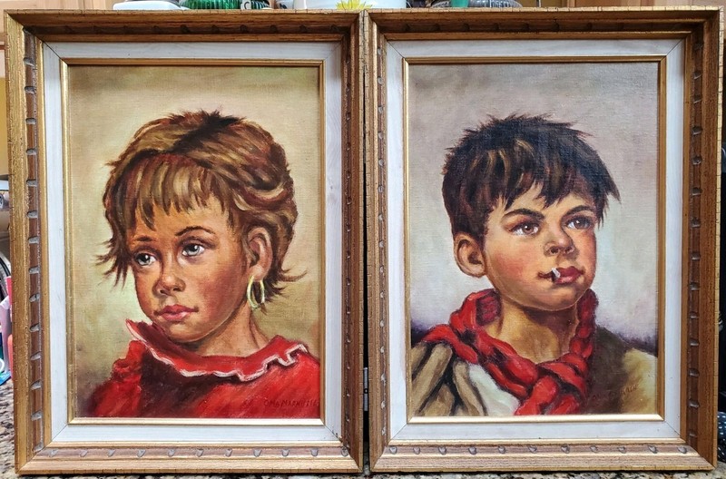 Pair Framed VINTAGE Original Painting On Board Signed 1966 Boy & Girl Portraits
