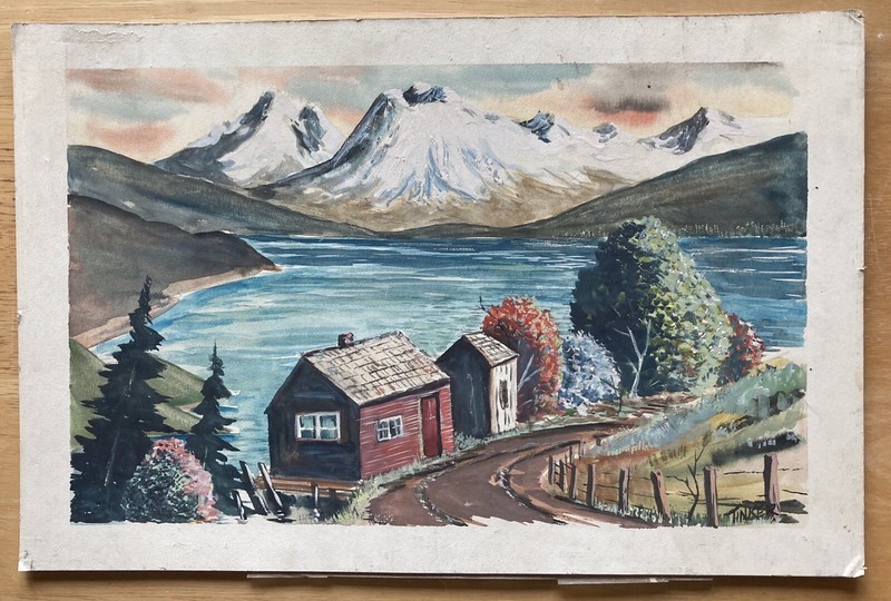 Vintage Norwegian fjord & volcano watercolor landscape signed Tinker – 10”x15”