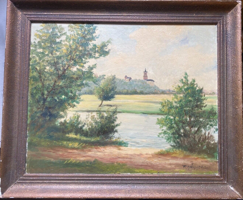 Oil painting by F. Hölcher, view of castle/church with landscape by the river