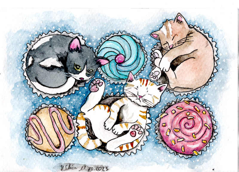 Original Watercolour (approx 16.5 x 20cm) Handmade Cats Cupcakes