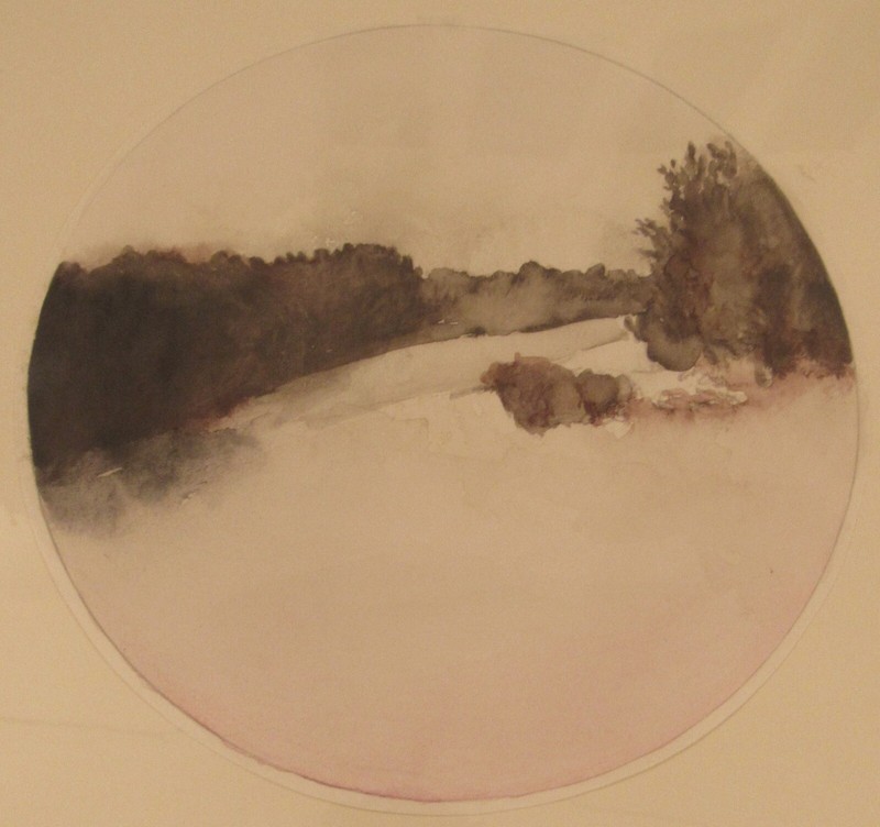 Signed Karen Fitzgerald watercolor landscape painting Winterfield 15x11" gallery