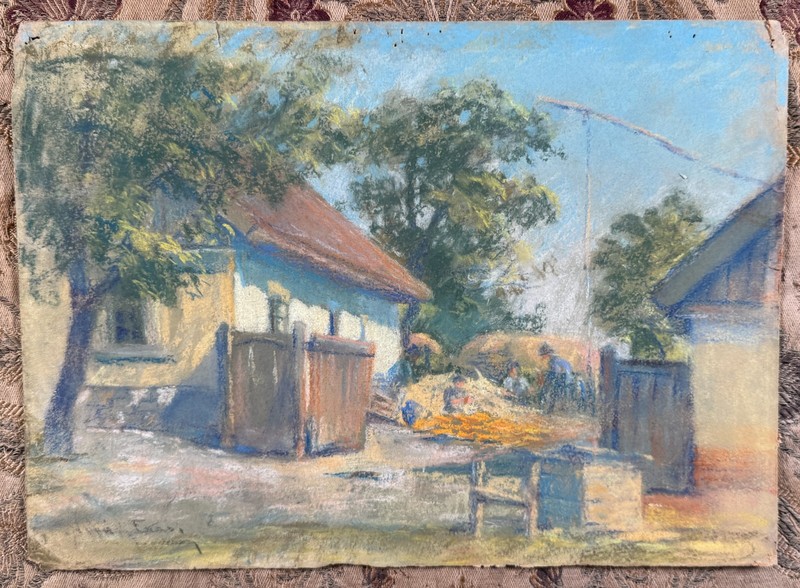 Antique Impressionist Pastel Painting Country Landscape French Cottage SIGNED