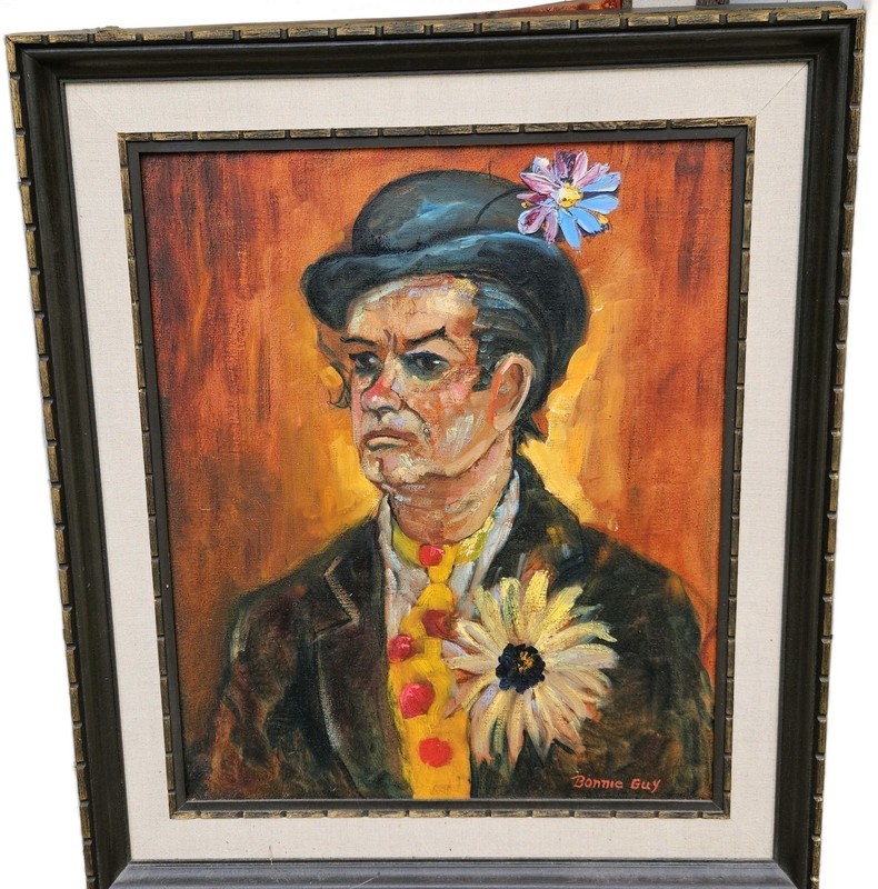 Vtg 1970s Oil Paint Portrait of Clown in Wood Frame 31″ X 26.5 Signed Bonnie Guy