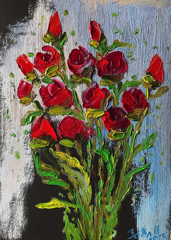 Red Roses Oil Painting, 20×28 cm (7.87×11.02 in), Textured Palette Knife Floral gallery