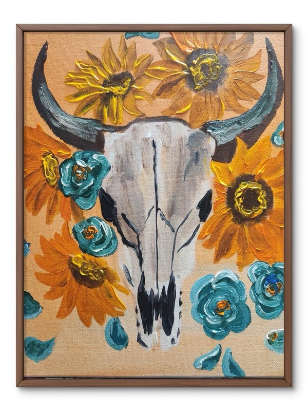 Abstract South Western Skull Flowers Modern Original Art 14X11 Canvas Acrylic