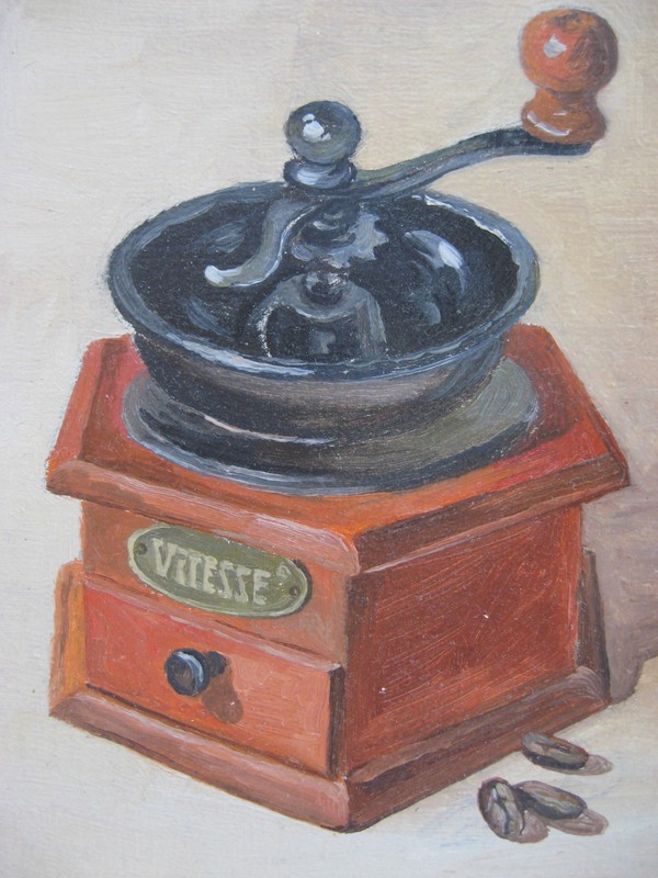 Oil Painting Vintage Wooden Coffee Mill Collectible Art 5″ X 6,5″ inches