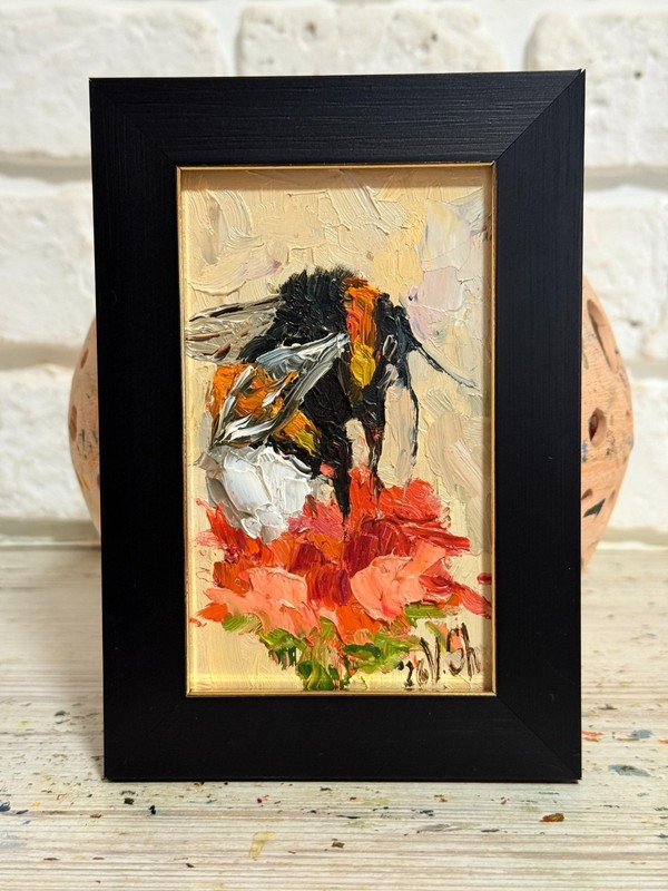 Framed Original Painting Bumblebee Honey Bee Impasto Flower Oil Signed Art gallery