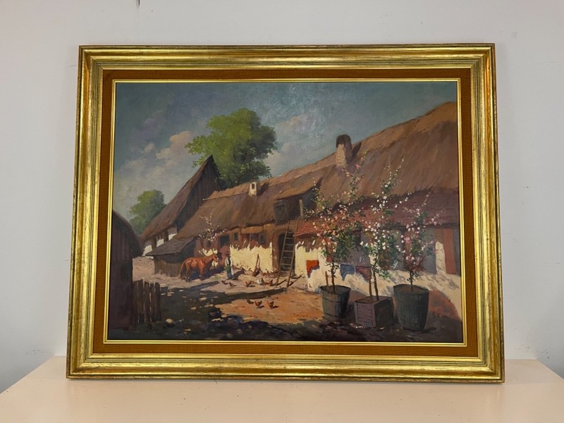Vtg Farmer Outside w/ Chickens Oil Painting on Canvas Signed by Artist Framed
