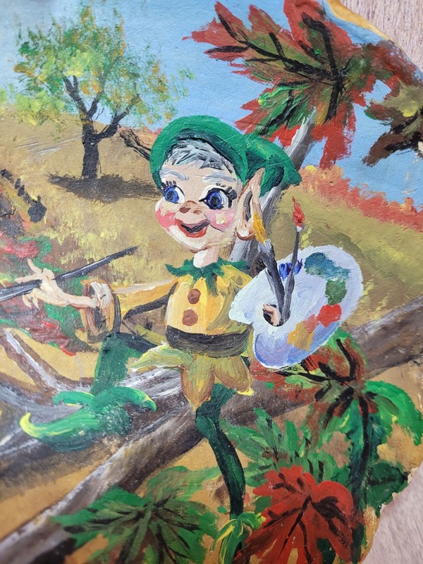Vintage Hand Painted Conk Mushroom Pixie Scene Folk Art Woodland OOAK 1960s gallery