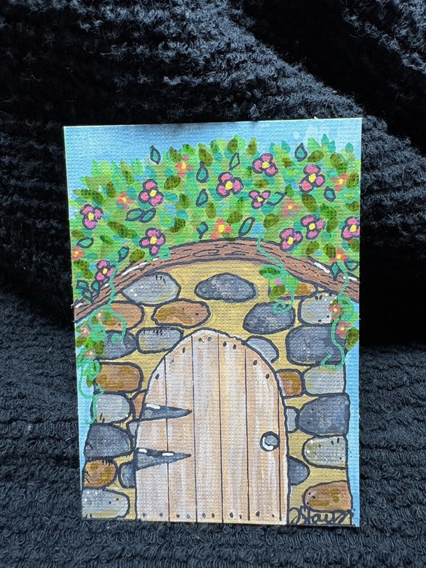 Original ACEO Fairy Door With Vines And Flowers Signed By Artist