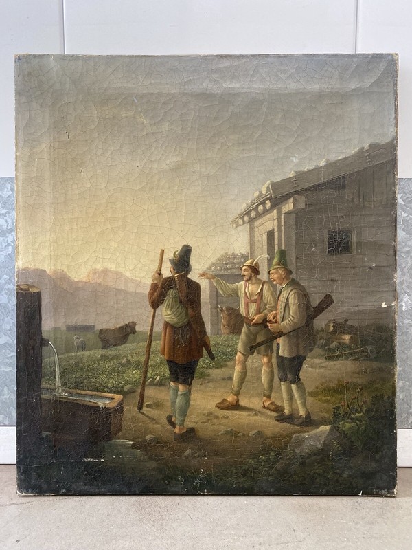 🔥 Fine Antique Old 18th c. European German Alpine Hiking Hunting Oil Painting