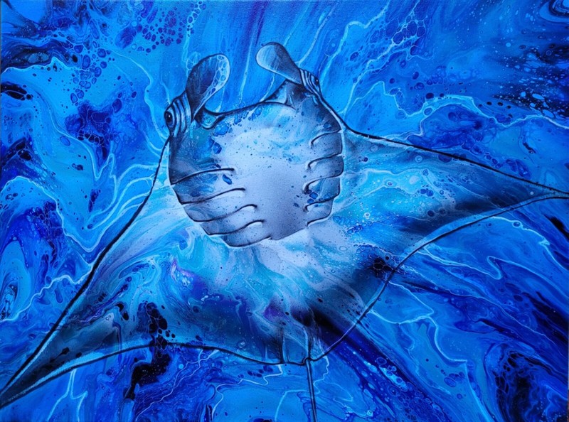 MANTA RAY fluid pour and airbrushed original painting