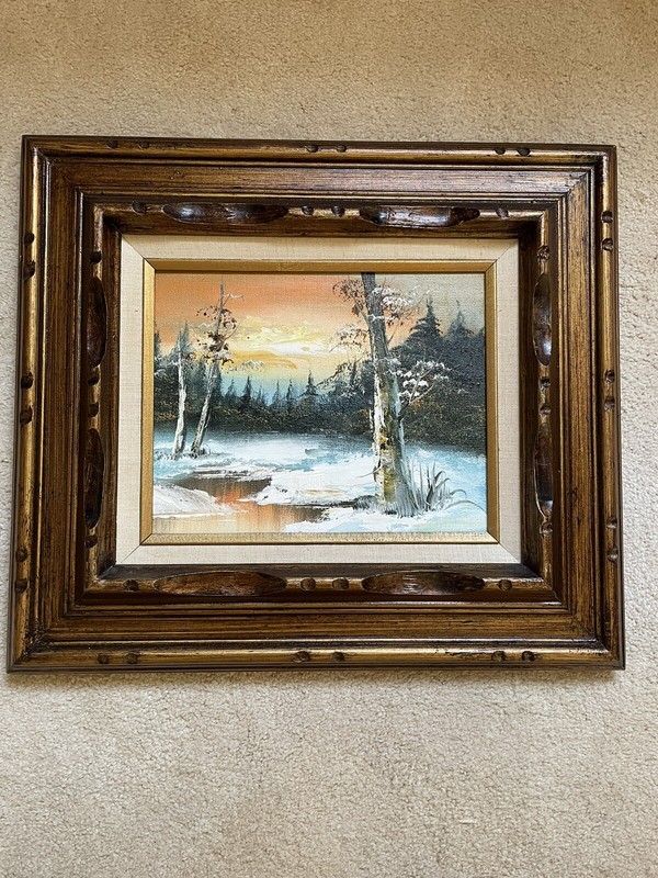 Framed Enhanced Oil On Canvas Original Mountain Lake Nature Scene