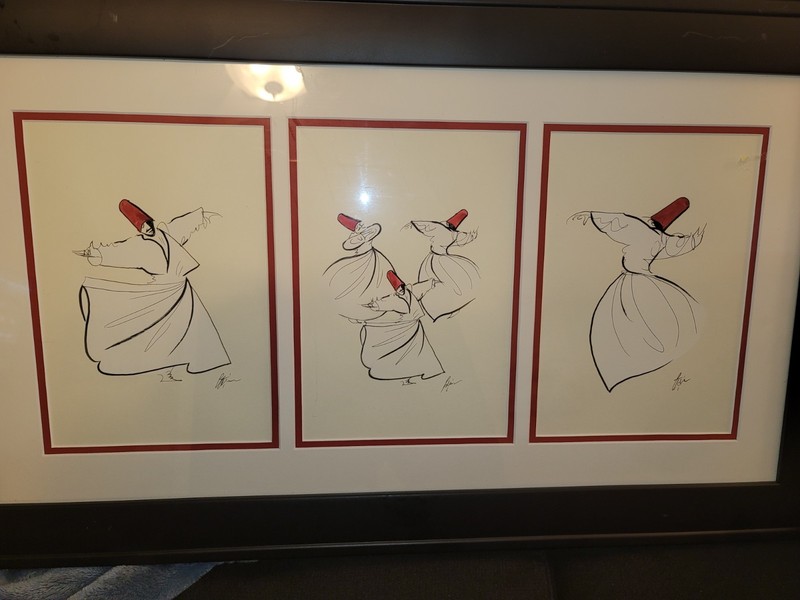 Set 3 Signed Framed Drawings Dancing Whirling Dervish Paintings Red Headcovers