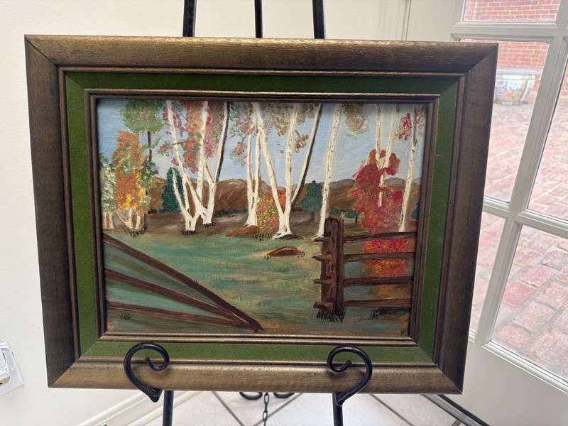 Vintage Autumn Landscape Oil Painting Birch Trees Rustic Lodge Decor Green