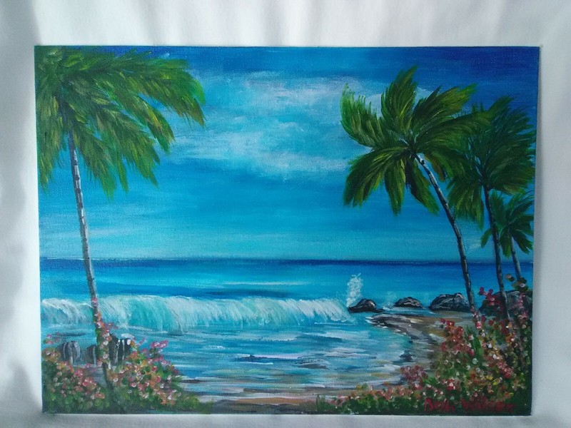 Beach Ocean Flowers Original Acrylic Painting 9x12 Canvas Seaside Coastal Art gallery