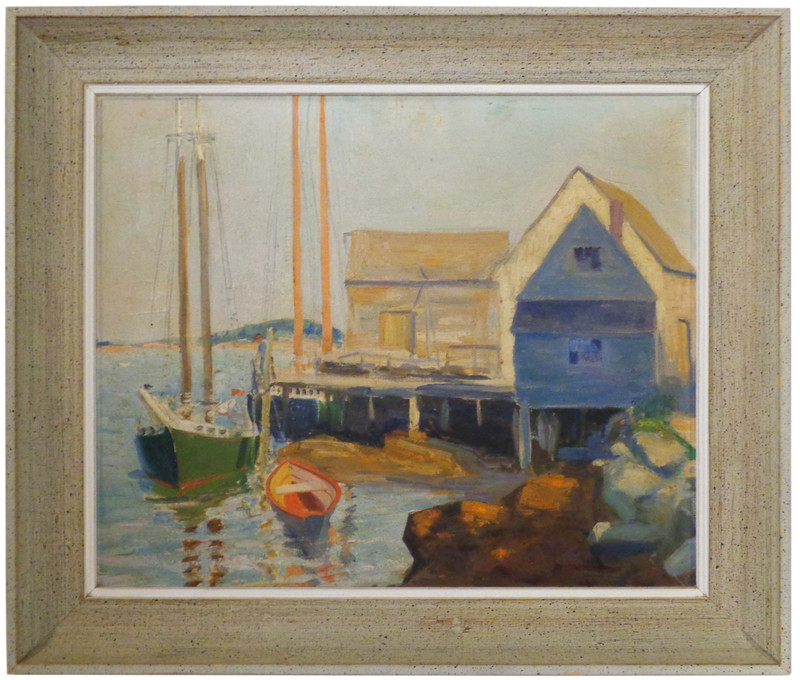 CECIL HALL, MAINE ROCKPORT SCHOOL HARBOR SCENE SGND O/B W/INCRIPTION, ORIG FRAME