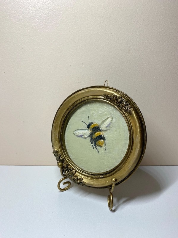 Bee Miniature Vintage Bumblebee Original Oil Painting Insect Art Small gallery