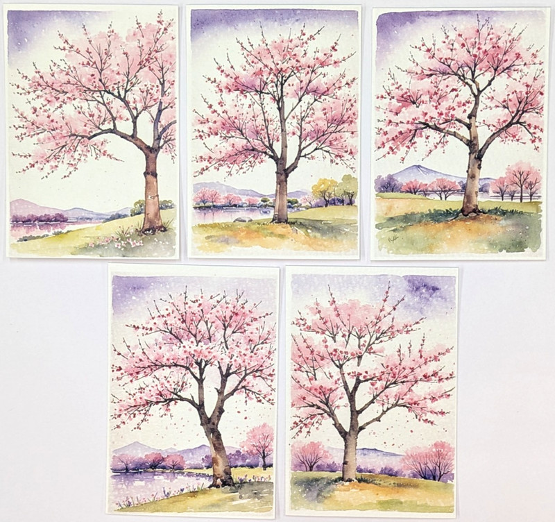 ACEO Mixed Media Set 5 Japan Sakura Cherry Blossom Watercolor Quiet Bloom #1-5