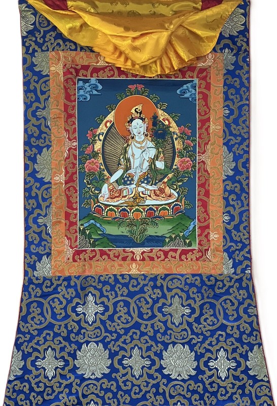 WHITE TARA MOTHER GODDESS ORIGINAL TIBETAN THANGKA PAINTING WITH SILK BROCADE gallery