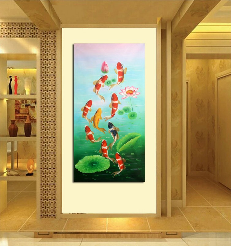 Lotus Landscapes Feng Shui Koi Fish Hand Painted Oil Painting Canvas Art Decor