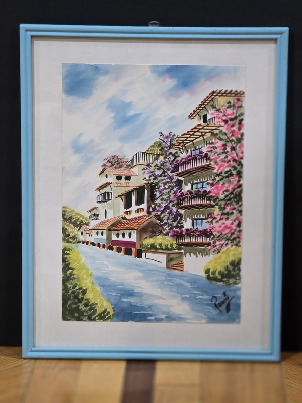 Watercolor of Mexican Street Scene Signed By Romeo 17×13 Framed