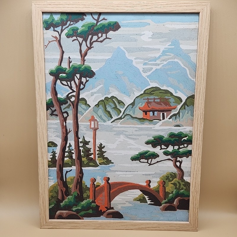 Asian Paint By Numbers Painting 10×14 Framed Vintage MCM 60s Japan Mt Fuji PBN