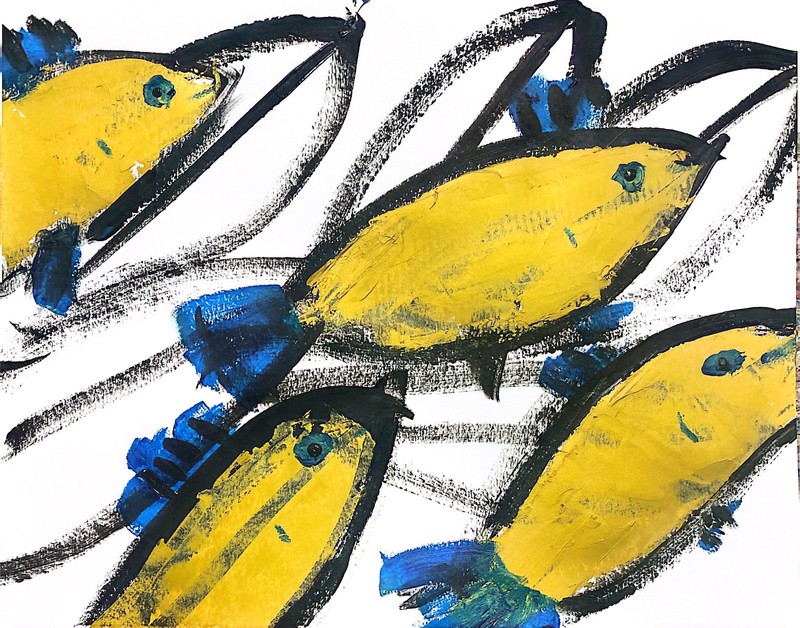Beach House Art Swim Gold Fish 11 X 14″ Abstract Acrylic Painting Paper ART