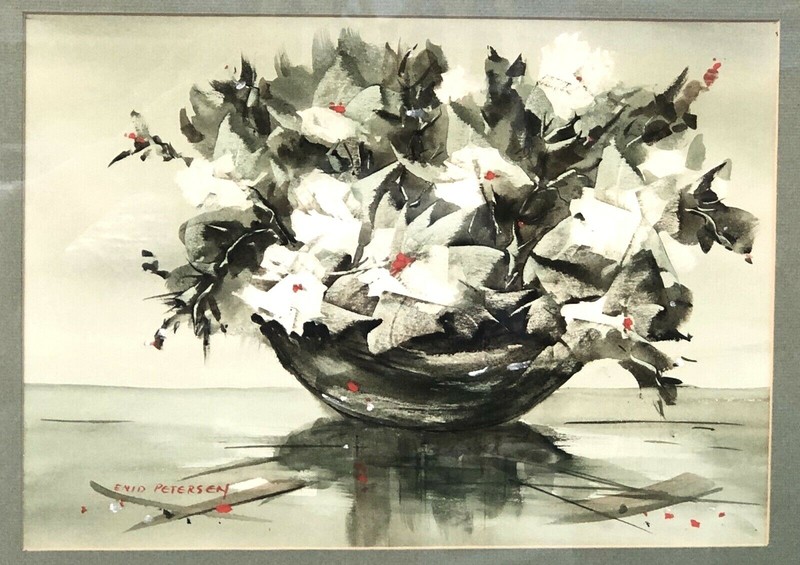 Signed Watercolor Wisconsin Artist ENID PETERSON, 1965 20th Cent Label on Verso