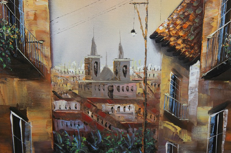 Original Oil Painting European Street City Buildings People Signed Framed gallery