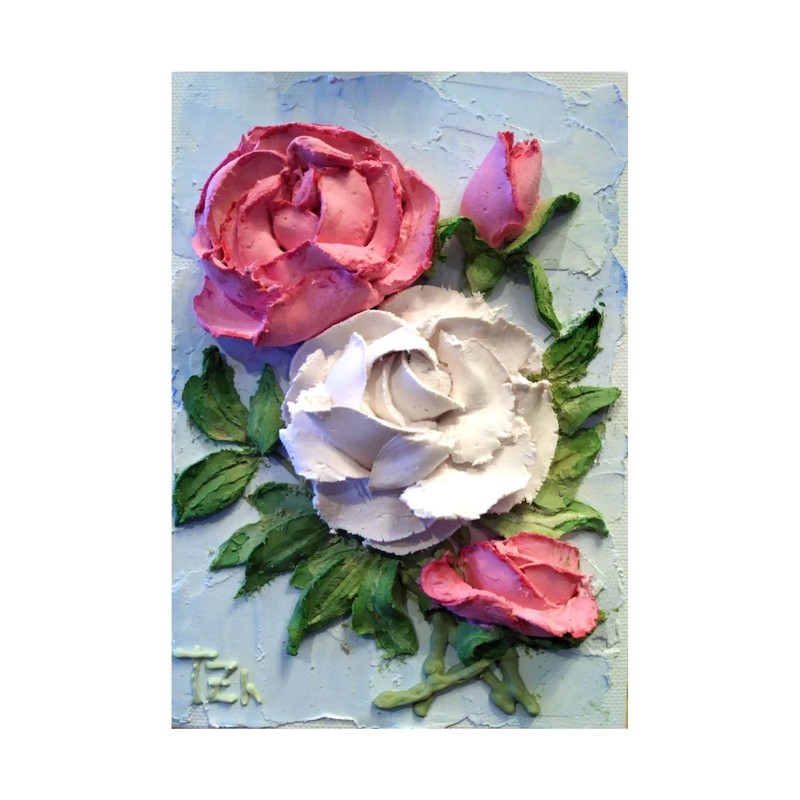 Roses Pink White Sculptural painting Floral still life 5X7 inches  