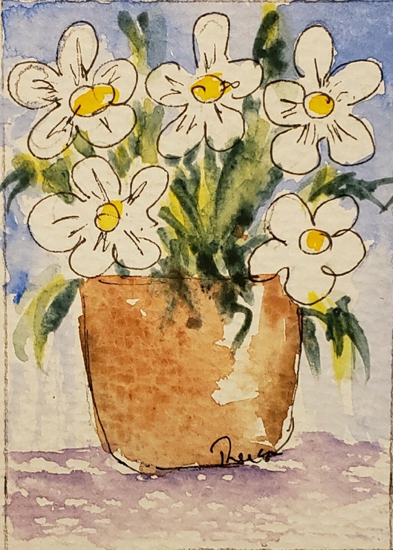 Pot With White Flowers – Original art Unmatted ACEO watercolor miniature