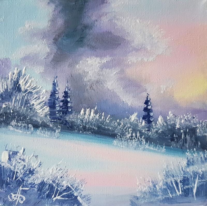Winter Sunrise Snow Landscape Oil Painting Original Impressionist Art 6×6