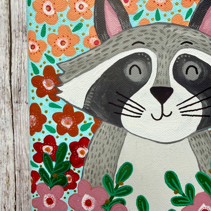 Blue Spring Floral Raccoon Original Acrylic Painting On Canvas 8x10 inches gallery