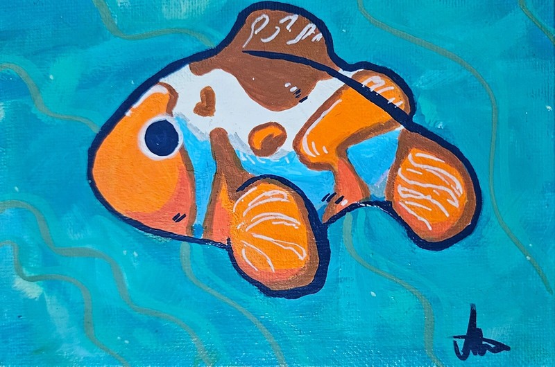 Original Hand painted Orange Clown Fish Canvas panel 4×6 inches Wall art