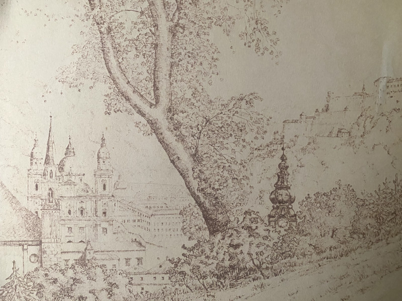 Drawing Baroque Old Town With Monastery And Castle Signed Ink Salzburg?