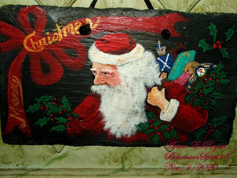 SANTA CLAUS Toys Bag By Arturo E.Reyna Painted on Hundred years old SLATE Signed