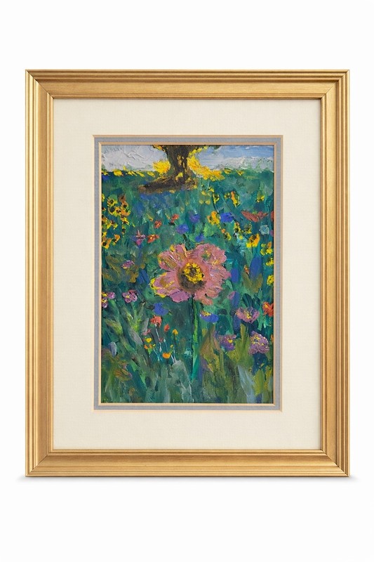 Original Oil Wildflower Meadow Painting 6×8 Framed Impressionist Floral Art.