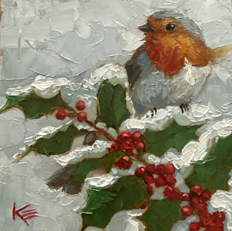 Robin Bird In Winter Impressionist Original Painting On Panel 6 X 6 IN