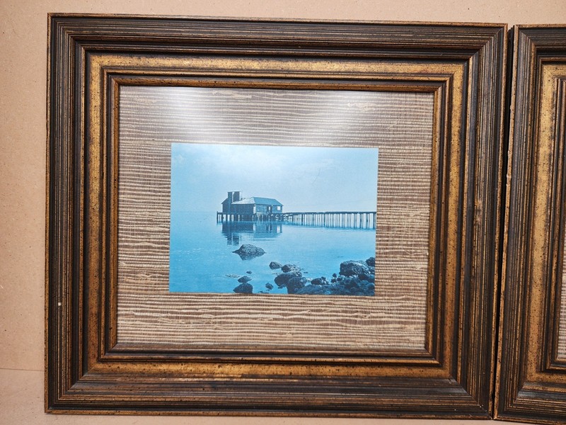 2 Small Card Pictures Framed Pier And Western Town 13" X 15" Burlap Wood Style gallery