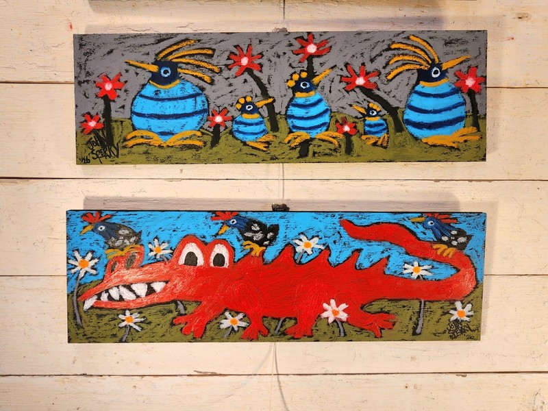 John Sperry Southern Primitive Gator N birds Folk Art Guinea Hens Painting gallery
