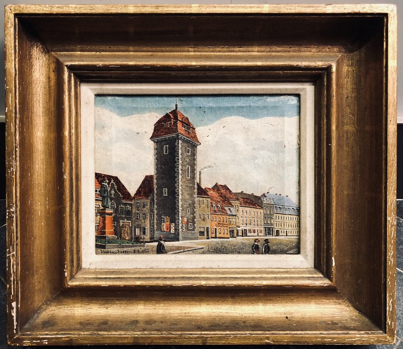 Antique Oil Painting On Canvas – Bruno Richter b. 1872 Rotem Turm Architecture