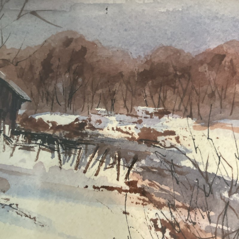 Original Framed Winter Landscape Watercolor Barn 5 X 7 Signed Judy Magensen 1983 gallery