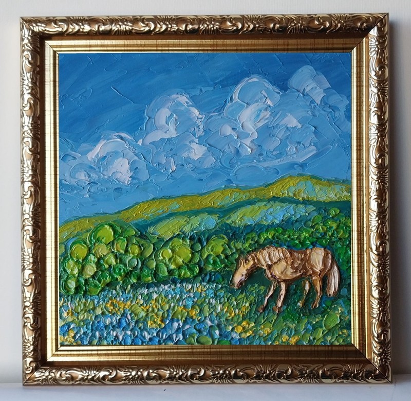 Framed Grazing Horse Texas Flowers Meadow Art 6x6 Impasto Oil Painting Original