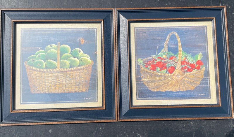 Basket of Green Apples And Red Basket Of Strawberries by L. David Framed