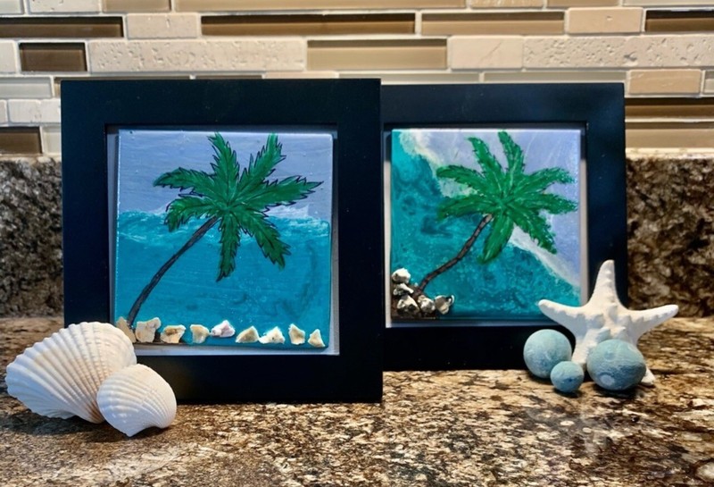 Palm Trees Beach w/shells Hand Painted On Ceramic & Tiles Framed Pictures (2)