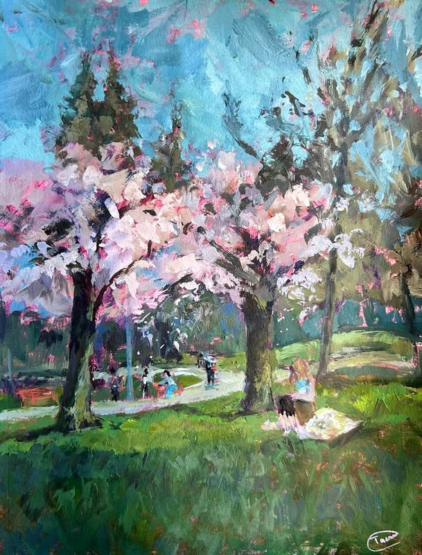 Original Cherry Blossom Tree Painting 9x12in Acrylic Spring Landscape Art Signed